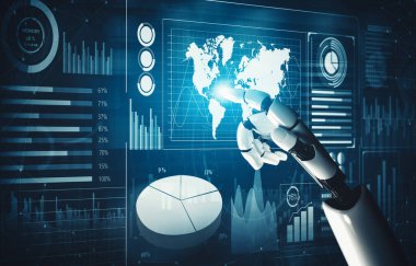 XAI 3D yorumlama fütürist robot teknolojisi geliştirme, yapay zeka yapay zekası ve makine öğrenme konsepti. İnsan hayatının geleceği için küresel robot biyonik bilim araştırması.