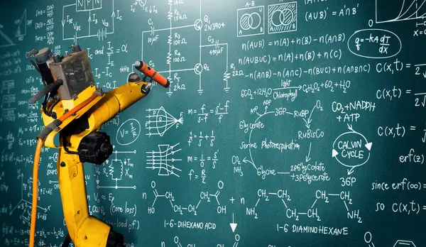 XAI Robot Kol Yapay Zeka mekanize endüstri problemi çözümü için matematiği analiz ediyor. Otomatik üretim süreci için robot teknolojisi ve makine öğrenimi kavramı.