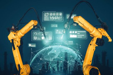 XAI Smart Endüstri 4.0 veya 4. endüstriyel devrimin otomasyon üretim sürecini ve IOT yazılımını gösteren dijital fabrika üretim teknolojisi için robot kolları.