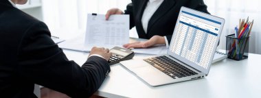 Kurumsal muhasebeci takımı, vergi iadesini hesaplamak ve en yüksek seviyeye çıkarmak ve finansal performans tabanını finansal verilere göre geliştirmek için dizüstü bilgisayar üzerinde muhasebe yazılımı kullanır. Modern iş muhasebesi. Kurnaz.