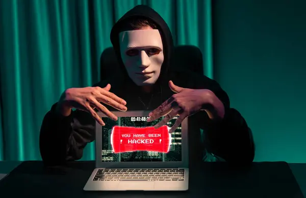 Kriminální Anonymní Maska Úspěšné Kódování Hesla Programováním Hack Notebooku Nejistého — Stock fotografie