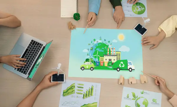 stock image Eco city and waste management illustration placed on a meeting table during a green business meeting discussion. ESG environment social governance and Eco conservative concept. Top view. Delineation.