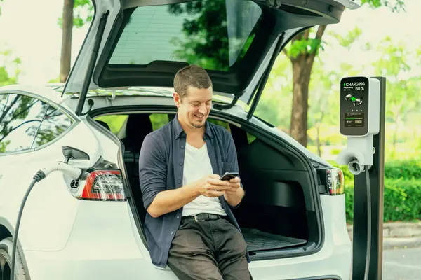 Mann Nutzt Smartphone Online Banking Anwendung Während Urlaub Roadtrip Nationalpark — Stockfoto