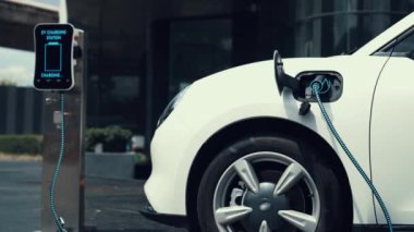 İş adamı, şehir merkezindeki şarj istasyonundan ya da otoparktan EV şarj aletini çıkardı. Şehir yaşam tarzında alternatif temiz enerji kullanan çevre dostu şarj edilebilir araba. İnceleyin.