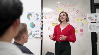 Genç liderin kapanışı, proje hakkında beyin fırtınası yapan meslektaşı ve proje yöneticisi tarafından çevrelenmiş zihin haritası ve renkli yapışkan notlar kullanılarak kendinden emin bir şekilde iş projesini sunuyor. Tertemiz..