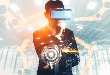 Mekanize endüstriyel robot kol kontrolü için XAI Gelecek VR teknolojisi. Sanayi devrimi ve otomatikleştirilmiş üretim süreci için robot teknolojisi kavramı.