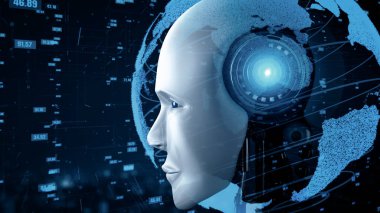 XAI 3d illüstrasyon Futuristik robot yapay zeka insansı yapay zeka veri analitik teknoloji gelişimi ve makine öğrenme kavramı. İnsanlığın geleceği için küresel robotik biyonik bilim araştırması