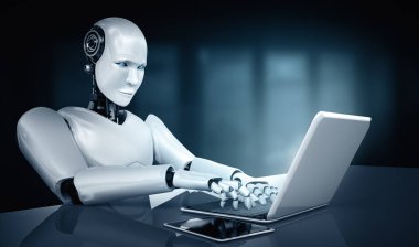 XAI 3D illüstrasyon robotu insansı dizüstü bilgisayar kullanır ve yapay zeka, yapay zeka ve makine öğrenme sürecini kullanarak geleceğin ofisinde masada oturur. Dördüncü sanayi devrimi