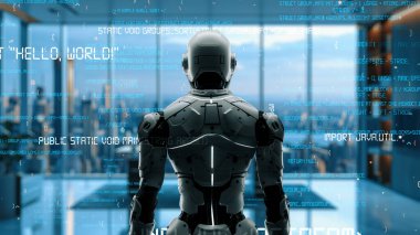 Yapay zeka mühendisliği iş başında. Yapay zeka algoritması pazarlama otomasyonu, teknik analiz, çözüm iletişimi ve hızlı yanıt için. LISP kodlu program ve 3d resimleme öğrenen makine