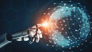 XAI 3D yorumlama fütürist robot teknolojisi geliştirme, yapay zeka yapay zekası ve makine öğrenme konsepti. İnsan hayatının geleceği için küresel robot biyonik bilim araştırması.