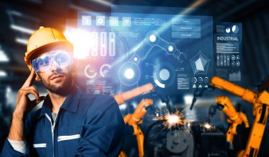 Dijital sanayi ve fabrika robotu teknolojisi için XAI Gelişmiş Robot Kol Sistemi. İnternet ağına bağlı IOT yazılımı kullanarak endüstri mühendisliği tarafından kontrol edilen otomasyon üretim robotu.