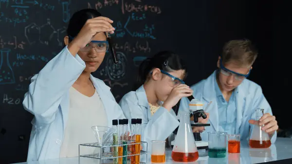 Cute girl looking under microscope while student doing experiment at blackboard with theory written. Young scientist inspect colored solution at table with experimental equipment placed. Edification.