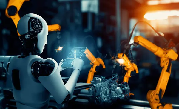 Xai机械化工业机器人和机器人武器组装在工厂生产中 工业革命和自动化制造过程中的人工智能概念 — 图库照片
