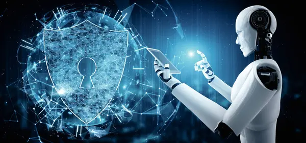 XAI 3D illüstrasyon yapay zeka robotu bilgi gizliliğini korumak için siber güvenliği kullanıyor. Yapay zeka ve makine öğrenme süreci tarafından siber suçları önleme konsepti. 3B görüntüleme