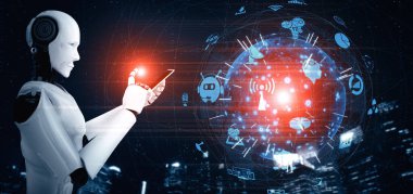 XAI 3D illüstrasyon robotu insansı cep telefonu veya tablet kullanarak küresel ağ bağlantısı için yapay zeka, yapay zeka ve 4. Sanayi devrimi için makine öğrenme sürecini kullanıyor.