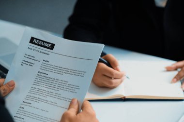 İnsan Kaynakları Müdürü sorgu odasında çalışan bir adayın özgeçmişine bakıyor. İş başvurusu, işe alım ve işçi alma konsepti. uds