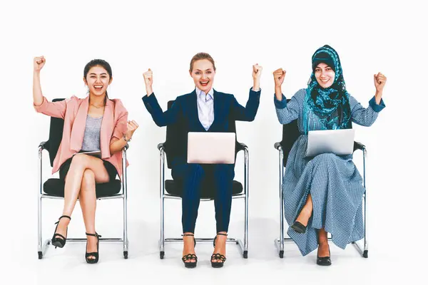 Happy Young Businesswomen Group Celebrating Work Success Together Workplace Community — Stock Photo, Image
