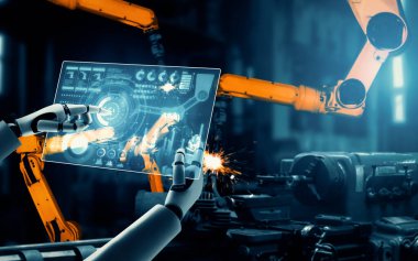 XAI Mekanize Endüstri Robotu ve robot silahları fabrika üretiminde kullanılacak. Sanayi devrimi ve otomasyon üretim süreci için yapay zeka kavramı.