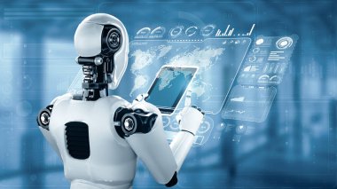 Büyük veri analizi için tablet bilgisayar kullanan XAI 3D illüstrasyon robot hominoidi. 4. Sanayi devrimi için yapay zeka ve makine öğrenme sürecini kullanan yapay zeka.
