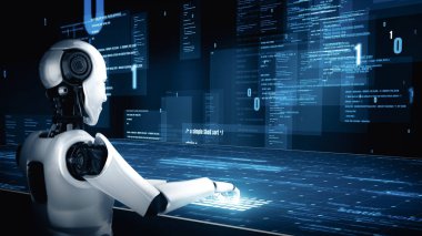 XAI 3d illüstrasyon Futuristik robot yapay zeka insansı yapay zeka programlama kodlama teknolojisi geliştirme ve makine öğrenme kavramı. İnsanlığın geleceği için robot biyonik bilim araştırması