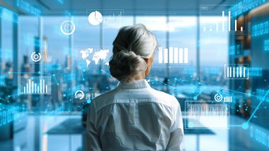 Finansal danışman veya tüccar BI ticari istihbarat veri tablosu ve grafik gösterge paneli ile çalışarak pazarlama stratejisi araştırması için karar veriyor..