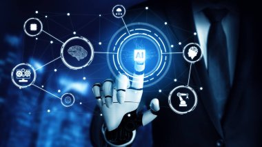 XAI 3D Renching futuristik robot teknolojisi geliştirme, yapay zeka yapay zeka ve makine öğrenme konsepti. İnsan hayatının geleceği için küresel robot biyonik bilim araştırması.