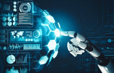XAI 3D yorumlama fütürist robot teknolojisi geliştirme, yapay zeka yapay zekası ve makine öğrenme konsepti. İnsan hayatının geleceği için küresel robot biyonik bilim araştırması.