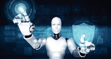 XAI 3D illüstrasyon yapay zeka robotu bilgi gizliliğini korumak için siber güvenliği kullanıyor. Yapay zeka ve makine öğrenme süreci tarafından siber suçları önleme konsepti. 3B görüntüleme