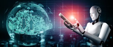 XAI 3d illüstrasyon yapay zeka robotu bulut hesaplama teknolojisini kullanarak çevrimiçi sunucuda veri depoluyor. Makine öğrenme süreciyle analiz edilen gelecekteki bulut bilgi depolama kavramı. 3B görüntüleme