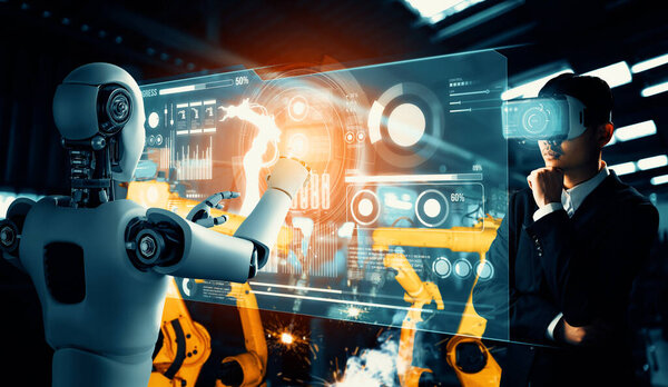 XAI Mechanized industry robot and human worker working together in future factory. Concept of artificial intelligence for industrial revolution and automation manufacturing process.