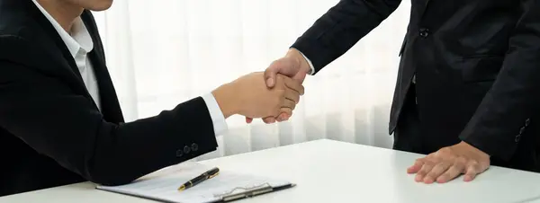 Two Business Executive Shake Hand Boardroom Sealing Agreement Merging Two — Stock Photo, Image