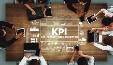 KPI İş Konsepti Performans Göstergesi - KPI yönetimi için iş hedefi değerlendirme sembolleri ve analitik numaralar gösteren modern grafik arayüzü. uds