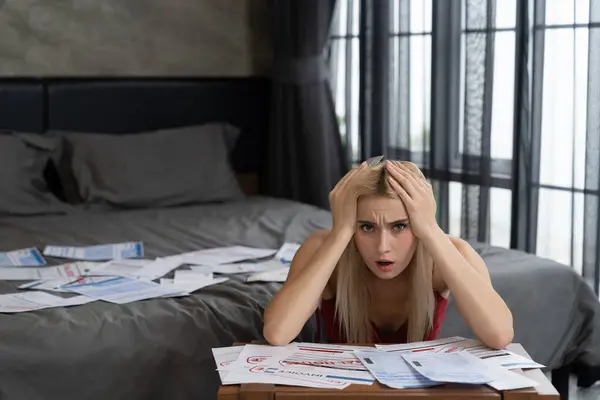 Stress Worried Young Woman Sit Table She Pay Bills Online — Stock Photo, Image