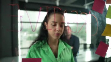 Profesyonel iş adamları yaratıcı pazarlama fikrini modern ofiste tartışırlar. İş adamları cam tahtada yapışkan notlar kullanarak finansal plan üzerinde çalışıyor. Yönlendirici.