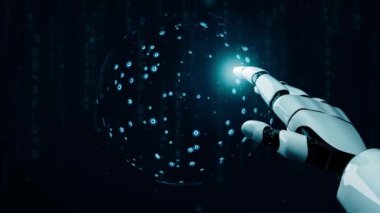 XAI Futuristik robot yapay zeka devrimci yapay zeka teknoloji geliştirme ve makine öğrenme kavramı. İnsan hayatının geleceği için küresel robot kuantum bilimi araştırması. 3B görüntüleme