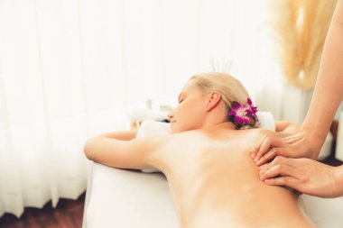 Kafkasyalı kadın müşteri stres önleyici spa masajının keyfini çıkarıyor ve lüks otel ya da oteldeki gündüz açık ortam güzellik salonunda güzellik teniyle eğleniyor. Sessiz.