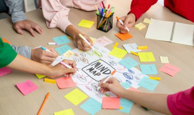 Profesyonel başlangıç grubu zihin haritası kullanarak yaratıcı pazarlama fikrini paylaşıyor. Genç yetenekli iş adamları yapışkan notlar yazarken beyin fırtınası planı yapıyorlar. Eline odaklan. - Yakın çekim. Değiştirilmiş.