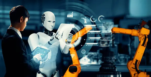 Xai Gépesített Ipari Robot Emberi Munkás Együtt Dolgozik Jövő Gyárában — Stock Fotó