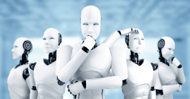 XAI 3D illüstrasyon. Robot insansı grubun gelecekteki yapay zeka kavramı ve 4. sanayi devrimi..