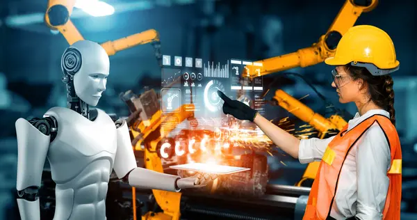 Xai Mechanisierter Industrieroboter Und Menschlicher Arbeiter Arbeiten Der Zukünftigen Fabrik — Stockfoto