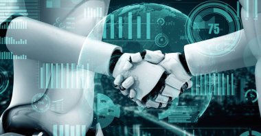 XAI 3D illüstrasyon Gelecek Finansal Teknoloji Kontrolü Yapay Robot Huminoid makine öğrenimi ve yapay zeka kullanarak iş verilerini analiz ediyor ve yatırım ve ticaret hakkında tavsiyelerde bulunuyor