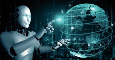 XAI 3d illüstrasyon Futuristik robot yapay zeka insansı yapay zeka endüstriyel fabrika teknolojisi geliştirme ve makine öğrenme konsepti için. İnsanoğlunun geleceği için robotik biyonik bilim araştırması