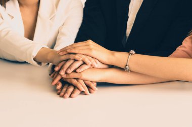 İş adamları ve iş kadınları, takım çalışması, destek ve iş birliğini gösteren çok kültürlü ofis odasındaki grup toplantılarında el ele tutuşuyorlar. Çeşitli işyerleri ve şirket çalışanları konsepti. uds