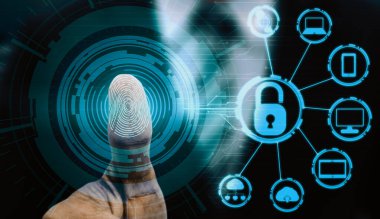 Parmak izi Biyometrik Tarama Teknolojisi. Arayüz parmak izi taramasını gösteriyor. Parmak izi tarayıcısıyla dijital güvenlik ve özel veri erişimi kavramı. uds