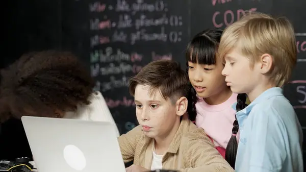 Closeup Boy Using Laptop Programing Engineering Code Writing Program While — Stock Photo, Image