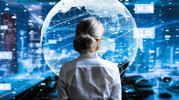 Üst düzey kadın programcı yapay zeka güdümlü pazarlama çözümleri için LISP Açık Robot Hologramı aracılığıyla yazılım analiz ediliyor.