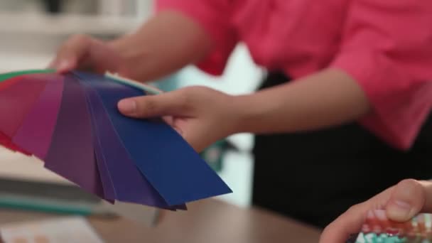 Hand Closeup Professional Architect Interior Designer Presenting Material Color Color — Stock Video