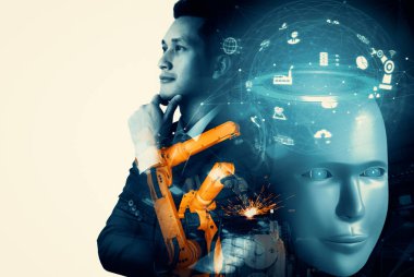 XAI Mekanize Endüstri Robotu ve insan işçileri gelecekteki fabrikada birlikte çalışıyorlar. Sanayi devrimi ve otomasyon üretim süreci için yapay zeka kavramı.