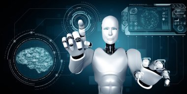 XAI 3d illüstrasyon yapay zeka ve yapay zeka kavramını gösteren sanal sanal sanal ekrana dokunan yapay zeka robotu. 3B illüstrasyon.