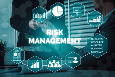 Risk Management and Assessment for Business Investment Concept. Modern interface showing symbols of strategy in risky plan analysis to control unpredictable loss and build financial safety. uds clipart